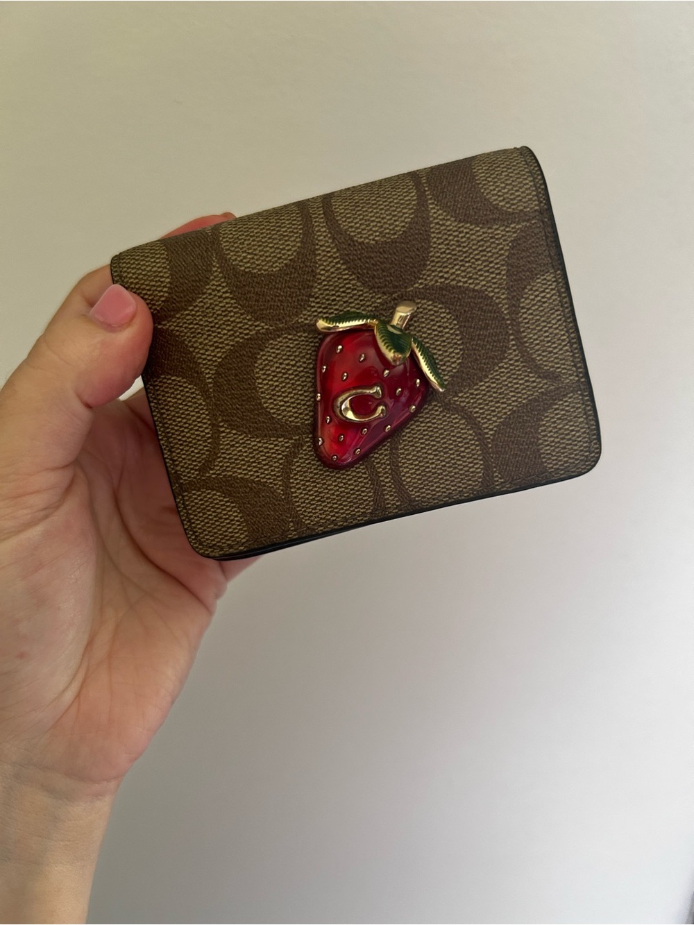 Coach Brown Signature Canvas Card Holder with Red Strawberry Emblem